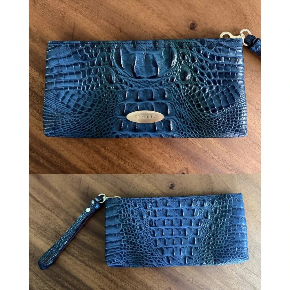 Brahmin Melbourne Peacock Blue Croc Embossed Leather Wristlet Clutch Wallet